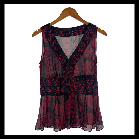 ECI New York Black Red Floral Sheer Silk Sleeveless Blouse Fitted Top Size 8 - Picture 1 of 9